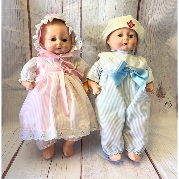 E J Horsman Other - E J Horsman 1924 Repo Vintage Baby Doll Pair Pink Blue Outfits Sailor Bonnet